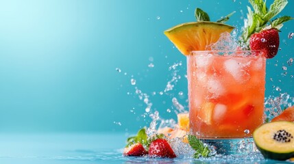 A vibrant cocktail filled with fruits, displaying a refreshing splash of water, perfectly highlighting the colorful and appetizing nature of summer beverages.