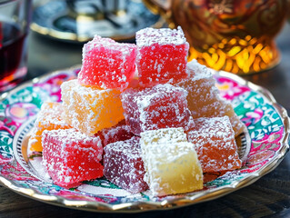 Wall Mural - Colorful pieces of Turkish delight on a decorative plate, a traditional oriental treat for the Ramadan holiday