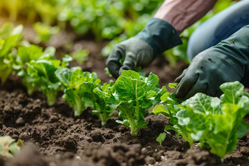 A person is tending to a garden of lettuce. Farmer planting young seedlings of lettuce salad in the vegetable garden.