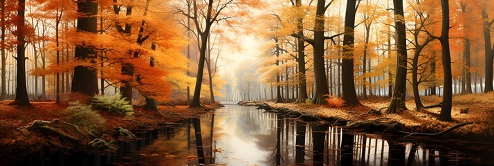 A serene autumn forest with trees reflected perfectly in a still pond