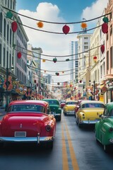 Naklejka na meble Classic cars driving through a vibrant city street adorned with colorful lights, showcasing retro vehicles and lively urban atmosphere during daytime.