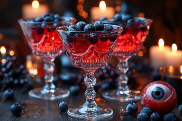 a spooky halloween drink set in a candlelit pumpkin with an eye ball, perfect for a horror party