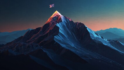 Wall Mural - a low-poly wireframe mountain on a glowing blue background, with a visible path to success