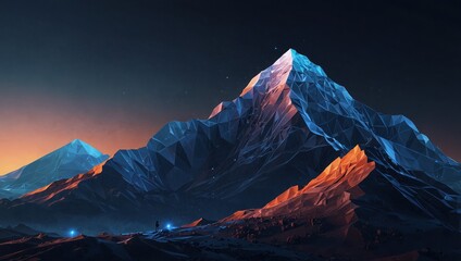 Wall Mural - a low-poly wireframe mountain on a glowing blue background, with a visible path to success