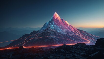 Wall Mural - a low-poly wireframe mountain with a trail winding upwards, representing a goal-oriented journey