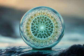a mesmerizing sphere showcasing intricate, teal-hued organic patterns, resembling a microscopic orga