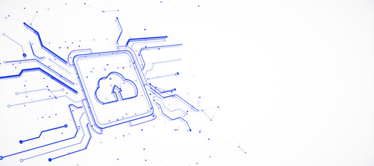 Wall Mural - cloud upload icon surrounded by digital circuits on white background. 3d rendering