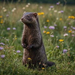 Wall Mural - A mink standing on its hind legs, looking curious, with a flower meadow stretching out behind it.