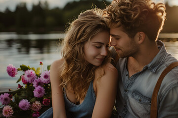 Wall Mural - Happy couple enjoying time on pier at sunset generative AI concept