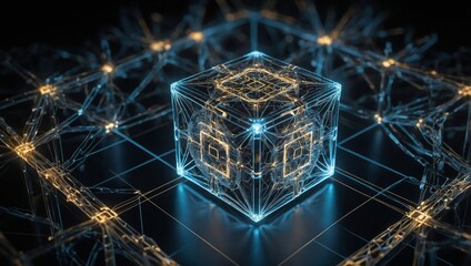 Wall Mural - a polygonal cube representing blockchain and ai, with intricate glowing lines and nodes connecting i
