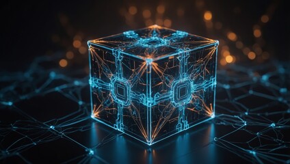 Wall Mural - a polygonal cube representing blockchain and ai, with intricate glowing lines and nodes connecting i