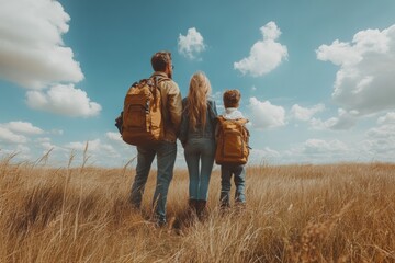 Wall Mural - Family enjoys a day outdoors on a grassy field under a clear blue sky with fluffy clouds