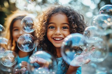 Wall Mural - Children enjoy blowing bubbles while playing outside on a sunny afternoon in the garden