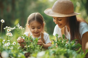 Wall Mural - Family enjoys a delightful day exploring a botanical garden while planting flowers together