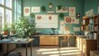 © ImageKing - Classroom for biology learning with graph on chalkboard, posters with human organs and plant on wall. Vector cartoon illustration of empty school class interior with teacher desk, books and microscope