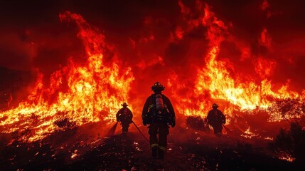 Wall Mural - Firefighters bravely battle raging inferno.