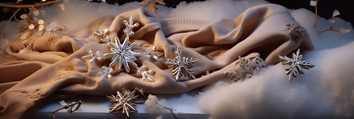 Wall Mural - Glittering snowflakes resting on a cozy knitted scarf during a crisp winter morning