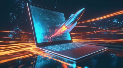 laptop with a rocket taking off from the screen