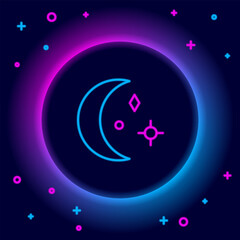 Wall Mural - Glowing neon line Moon and stars icon isolated on black background. Cloudy night sign. Sleep dreams symbol. Night or bed time sign. Colorful outline concept. Vector