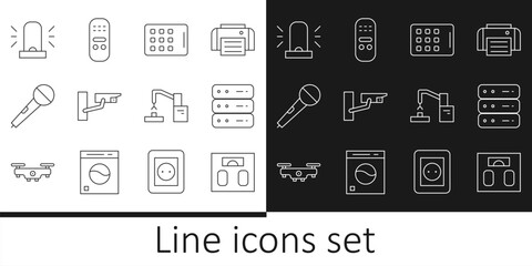 Canvas Print - Set line Bathroom scales, Server, Data, Web Hosting, Graphic tablet, Security camera, Microphone, Flasher siren, Robotic robot arm hand factory and Remote control icon. Vector