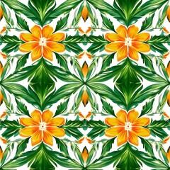 Wall Mural - Vibrant Orange Flowers and Lush Green Leaves Pattern