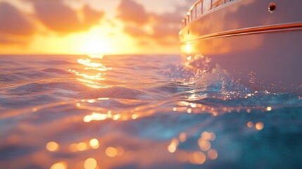 Poster - Luxury yacht sailing at sunset, ocean view.