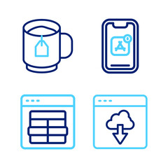 Wall Mural - set line cloud technology data transfer, mysql code, mobile apps and cup of tea with tea bag icon. v