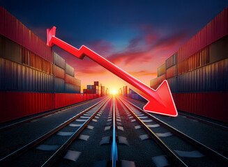 Poster - A large red arrow points down over a railway track lined with shipping containers, symbolizing a decline in global trade and economic downturn at sunset.