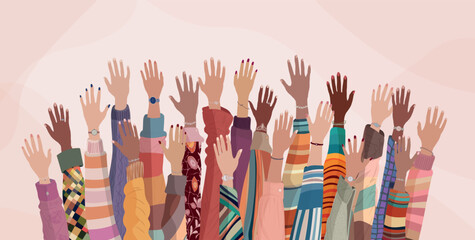 Wall Mural - Raised hands of group multicultural women. Diversity - inclusion - equality - girl power or empowerment concept. International women s day