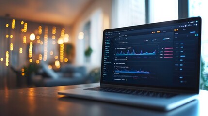 Wall Mural - modern workspace featuring a laptop displaying analytics in a cozy, well-lit environment