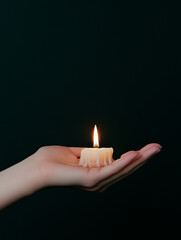 Wall Mural - Lit Candle in a Hand Against Dark Background
