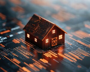 Leinwandbilder - Miniature House Model on Abstract Digital Background with Binary Code