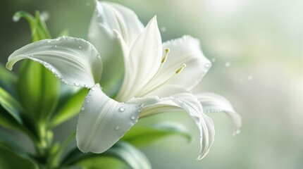 Wall Mural - Elegant white lily with dew drops in a serene natural setting