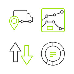 Wall Mural - Set line Pie chart infographic, Arrow, Graph, chart, diagram and Delivery tracking icon. Vector