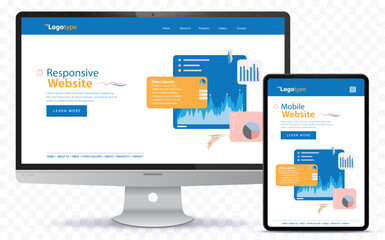 Wall Mural - responsive web design with desktop computer screen and tablet pc vector illustration on transparent 