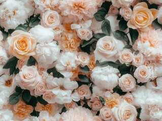 White-colored Rose flower wall background with variety of roses,Wedding decoration, hand made Beautiful flower wall background in soft pink and pastel colors