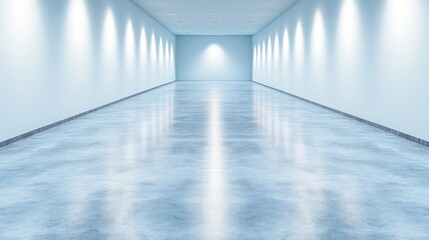 Poster - Modern empty hallway with blue walls and glossy floor reflecting light