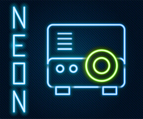 Wall Mural - glowing neon line presentation, movie, film, media projector icon isolated on black background. colo