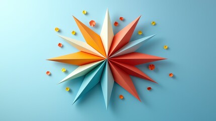 Wall Mural - colorful paper star decoration with geometric shapes and decorative elements on a soft blue backgrou