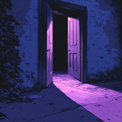 Poster - Open door, purple light, nighttime scene, stone path.