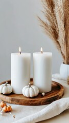 Canvas Print - Two lit white candles sit on a wooden tray with small pumpkins and dried plants, enhancing an inviting autumn decor setup