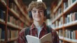 © ORG - A successful young student looking directly at the camera with a warm smile, surrounded by bookshelves, holding a notebook and wearing headphones in a modern library