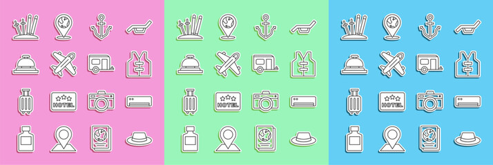 Poster - Set line Man hat with ribbon, Air conditioner, Life jacket, Anchor, Plane, Hotel service bell, Ski and sticks and Rv Camping trailer icon. Vector