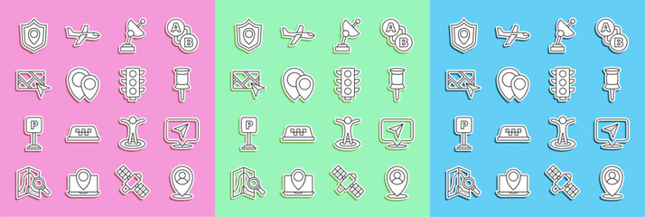 Sticker - Set line Location with person, Infographic of city map navigation, Push pin, Radar, City, shield and Traffic light icon. Vector