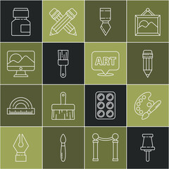 Wall Mural - Set line Push pin, Paint brush with palette, Pencil eraser, Palette knife, Computer monitor screen, Paint, gouache, jar, dye and Speech bubble text art icon. Vector