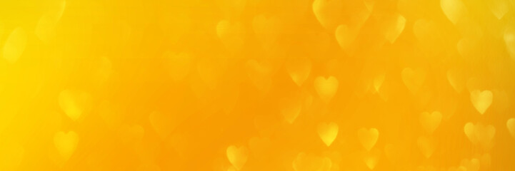 Wall Mural - Bright yellow hearts banner, sparkling glitter bokeh background header, abstract defocused texture