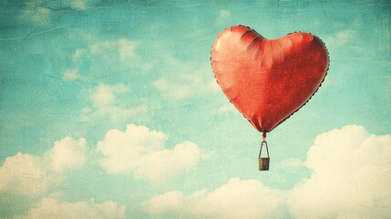 Wall Mural - Heart Shaped Hot Air Balloon Gliding Through Clear Blue Sky Above Fluffy White Clouds