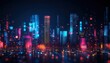 © SITTAKAN - A vibrant city skyline illuminated with colorful neon lights at night. Skyscrapers rise against a dark backdrop, showcasing a dynamic blend of technology and urban life.