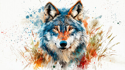 Expressive watercolor wolf with flowing strokes of blue, orange, and red, set against a clean white backdrop with nature-inspired accents.