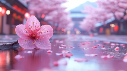 Wall Mural - Pink blossom on reflective surface with soft focus city street and cherry trees in bloom